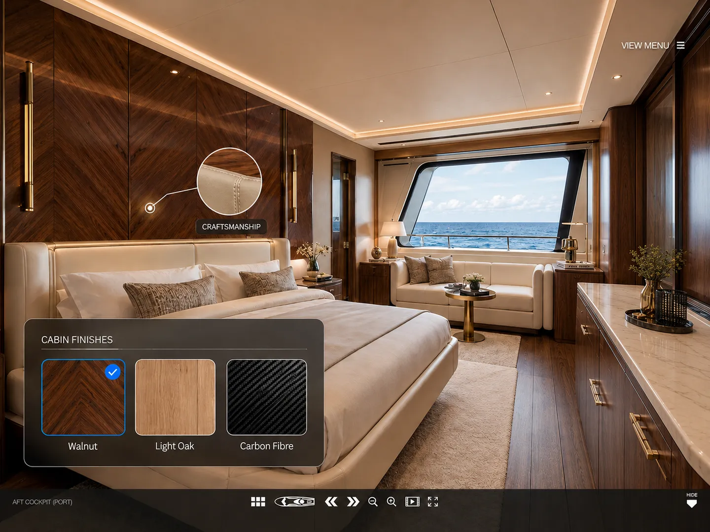 Display custom material options, or toggle premium cabin finishes instantly.