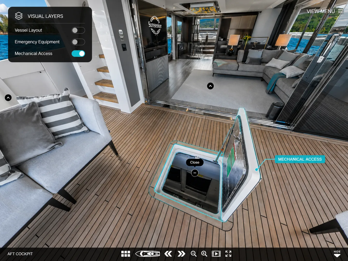 Easily toggle settings within the same tour environment to instantly reveal hidden vessel layouts.